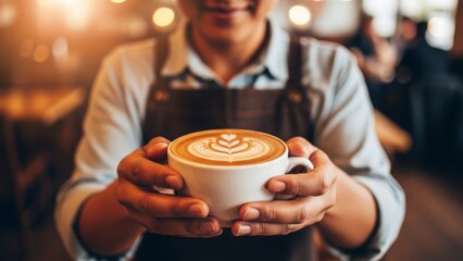 Close-up of barista holding a beautifully crafted coffee latte in a cozy cafe