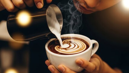 artistic close-up of barista pouring cream into a hot coffee creating