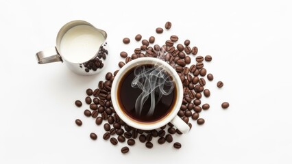 Aromatic coffee cup surrounded by roasted beans and a small pitcher of milk on