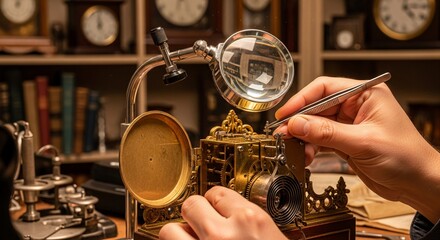 Repairing intricate vintage clock detailed hands magnifying glass authentic antique shop restoration work