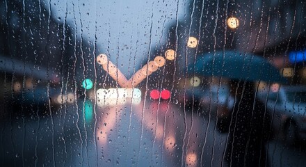 Rain droplets glistening on window blurred city background soft pastel colors creating moody atmosphere