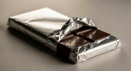 Rectangular chocolate bar wrapped in foil closeup displayed on smooth neutral professional surface