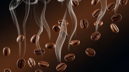 Close-up of aromatic roasted coffee beans with wisps of steam rising against a