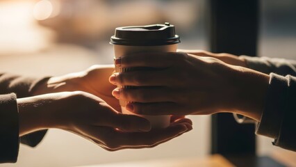 two hands exchanging a paper coffee cup in a warm indoor setting