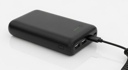 Portable black power bank resting neatly on pristine white clean surface modern tech essential accessory