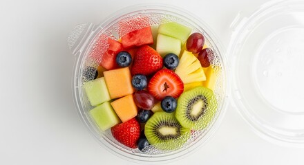Plastic container filled with fresh fruit salad visible from top view colorful healthy snack option