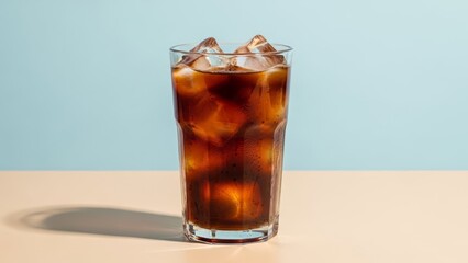 Refreshing cold cola beverage served in a clear glass with ice cubes on a
