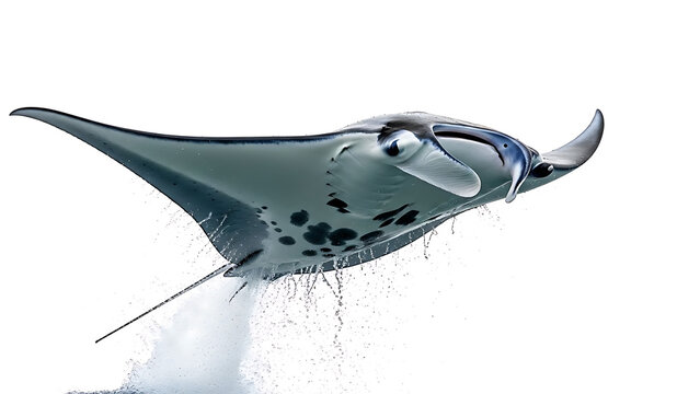 Manta ray swimming in the ocean with white background.