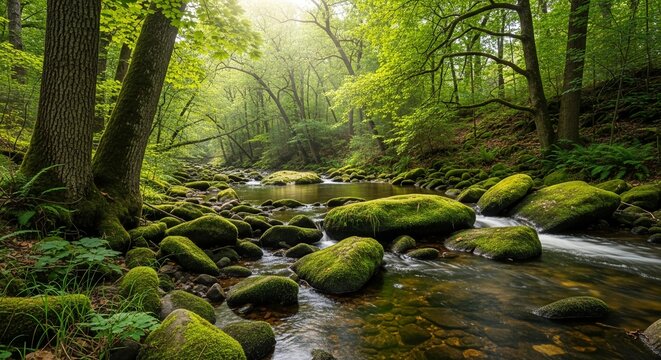 River flowing gracefully through moss covered rocks forest midday sunlight natural serene nature scene
