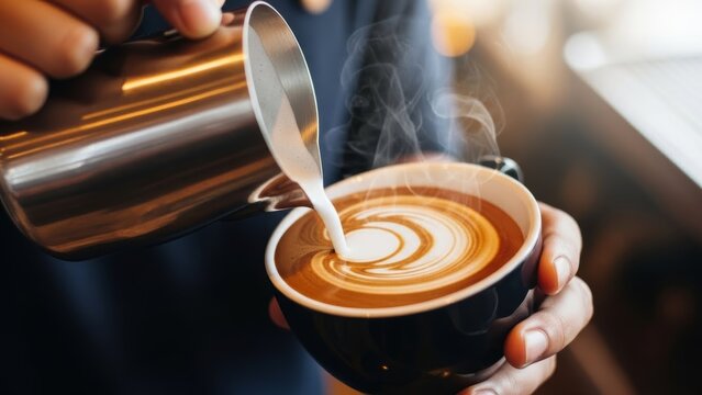 Artful Latte Creation with Steamed Milk Swirls in Cozy Coffee Shop