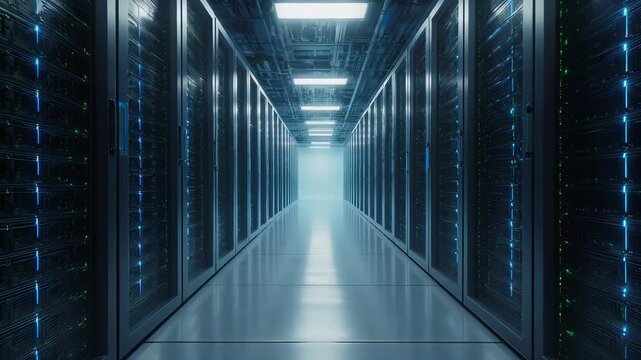 Futuristic Server Room with Glowing Blue Lights and Endless Rows of Data Racks.