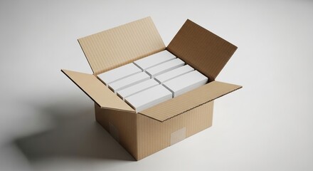 Open cardboard box containing neatly folded business cards displayed on clean professional background