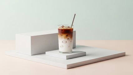 Refreshing iced coffee beverage with milk layered in a clear glass on