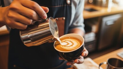 Barista pouring steamed milk into espresso to create latte art in a cozy