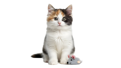 Calico kitten sitting upright with a toy mouse looking forward on a black background studio shot