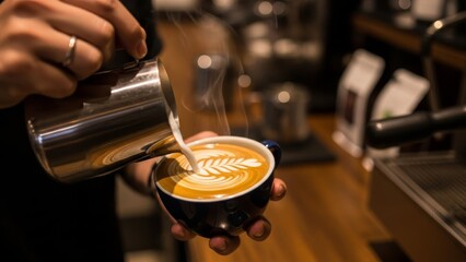 Artisan Barista Creating Beautiful Latte Art with Steaming Milk in Cozy Coffee