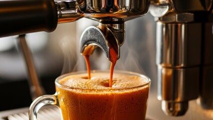 Freshly Brewed Espresso Pouring into a Glass Mug in a Coffee Shop Setting