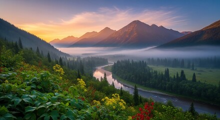 Mountain landscape enveloped in soft morning mist showcasing lush vegetation and vibrant natural colors