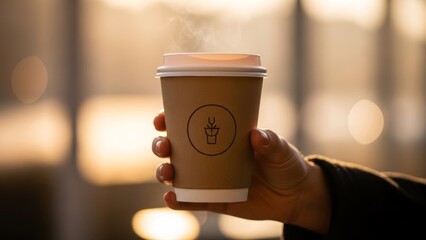 Close-up of a person holding a take-out coffee cup with a minimalistic logo