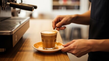 Barista preparing a creamy layered coffee beverage in a cozy caf? setting