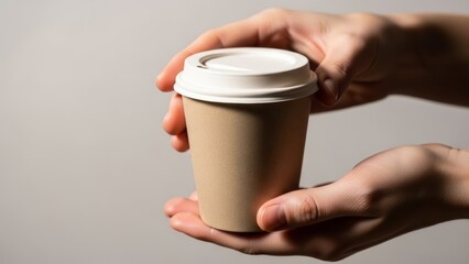 Hands holding a biodegradable disposable coffee cup with lid on neutral
