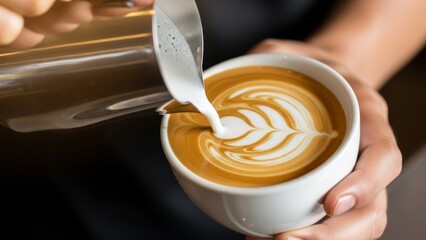 Barista pouring frothed milk into a freshly brewed coffee creating latte art
