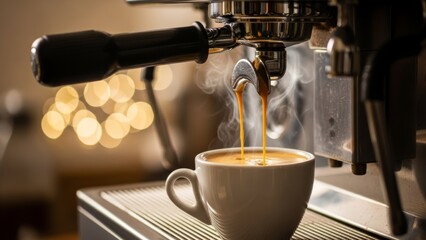 professional espresso brewing process with steaming coffee machine in warm