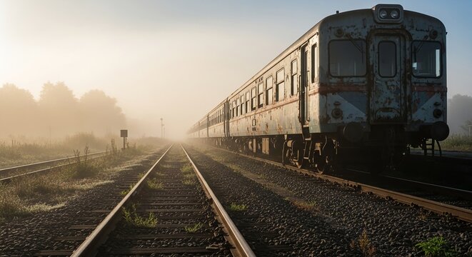 Old train at rustic station rusty rails morning mist evoking nostalgic vintage travel atmosphere mood