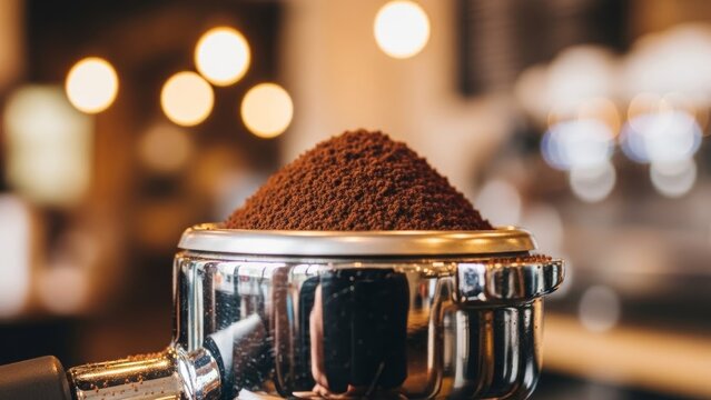 Close-up of a shiny portafilter filled with freshly ground coffee on a busy