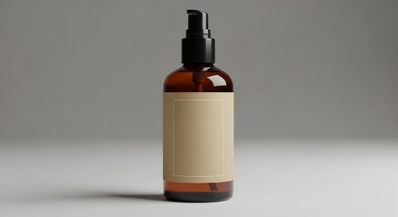 Matte label mockup applied perfectly to amber glass cosmetic bottle on plain neutral presentation surface