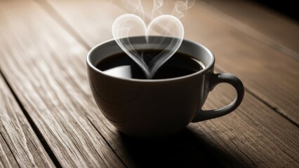 warm cozy coffee cup with heart-shaped steam rising in a rustic setting