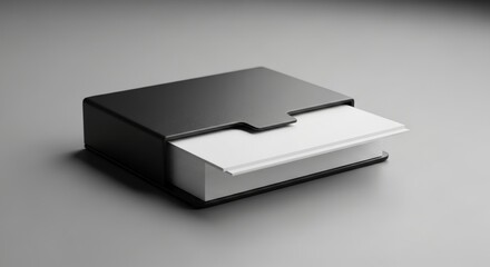 Matte black business card holder containing blank cards positioned on sleek neutral professional backdrop