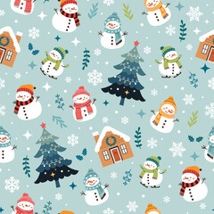 Christmas seamless pattern with Snowman, christmas elements on blue background. Design for postcards, gift wrapping paper, textiles, wallpaper. Vector illustration