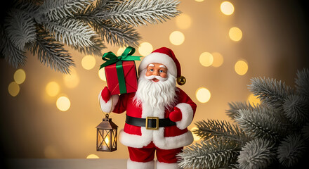 Obraz premium Jolly Santa Claus Figurine Holding A Red Gift And Glowing Lantern Framed By Flocked Pine Branches And Festive Bokeh
