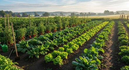 Lush vegetable garden with neat organized rows thriving under morning sunlight peaceful rural countryside