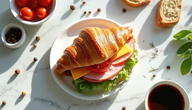 Top view croissant sandwich on plate. Ham cheese lettuce tomato inside bread bun. Coffee in cup near baked food. Fast breakfast with fresh pastries and natural ingredients on marble.
