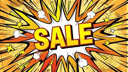 dynamic comic-style sale announcement with explosive visual effects capturing