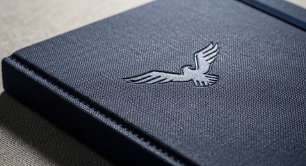 Hardcover notebook displaying elegant embossed logo resting on luxurious textured fabric background