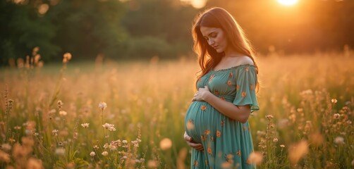 Pregnant woman stands in meadow with golden sunset light. Female holds her belly in field. Expectant mother enjoys nature outdoor with flowers at sun. Prenatal care concept with maternal glow.