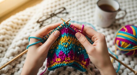 Hands skillfully knitting colorful wool yarn draped over cozy knitted blanket winter crafting scene