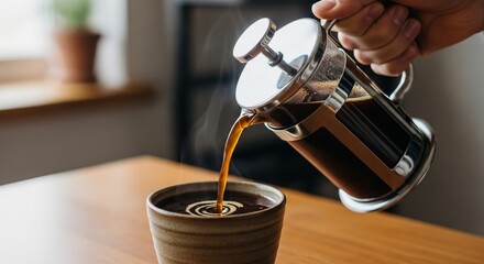 Hand carefully pouring rich aromatic coffee from French press into handmade ceramic cup morning ritual