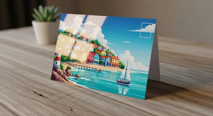 Glossy postcard mockup featuring custom artwork laid flat on rustic wooden table natural wood texture