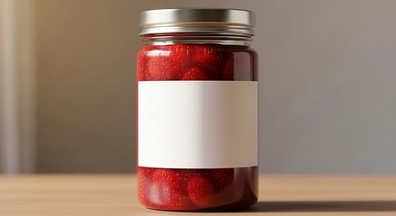 Unmarked white label glass jar packed with colorful homemade jam resting on clean plain background surface