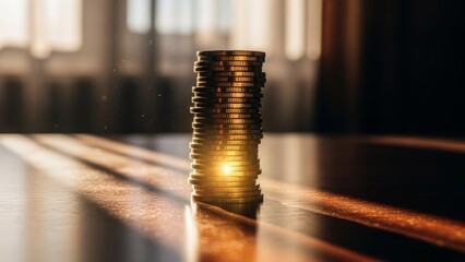 Stack of coins illuminated by warm sunlight creating shadows and reflections