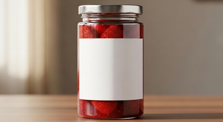 Glass jar containing homemade jam with unmarked white label displayed cleanly on plain white background
