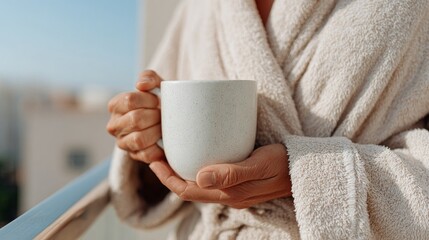 Man holding coffee mug on balcony