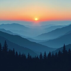 Obraz premium Mountain layers landscape at sunrise. Foggy valley with pine forest silhouette under colorful sky. Blue hills in morning mist create serene peaceful view. Natural scenic background for adventure
