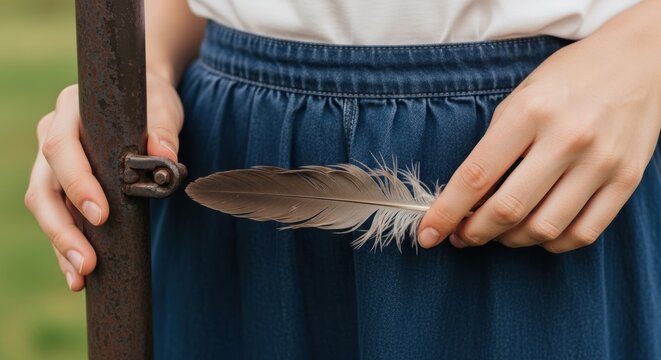 Close-up of female hands holding feather with rusty metal and denim skirt