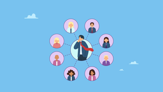 Businessman get feedback from colleagues. 360 degree feedback, assessment or performance appraisal, customer review, testimonial or job networking, employee evaluation, rating or survey.