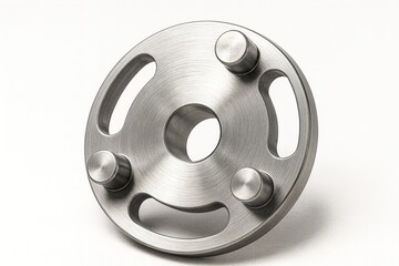 Precision machined light metal flange, complex industrial engineering part isolated on white background